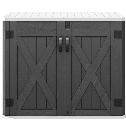 DWVO 35 Cu Ft Storage Shed with Unique X-Shaped Lockable Door, Outdoor Weatherproof Resin Shed Without Shelf for Waste Bins, Bicycles, Gardening & Lawn Equipment, Dark Gray