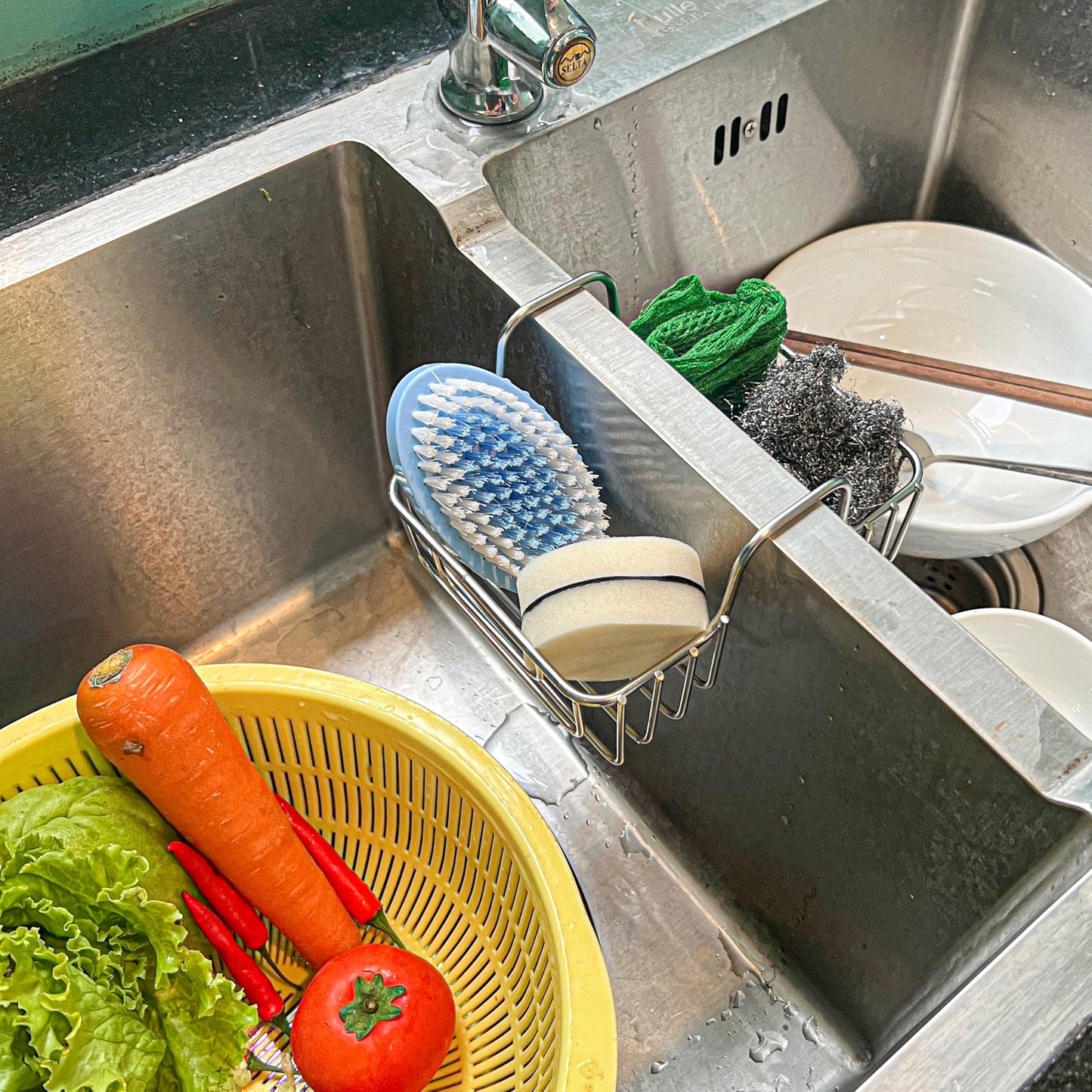 BuleVina Stainless Steel Sponge Holder for Kitchen Sink - Never Rust Hanging Saddle Double for Soap Kitchen Sink Caddy 2.2 inch, Rustproof Organizer for Dishwashing and Brush Drying