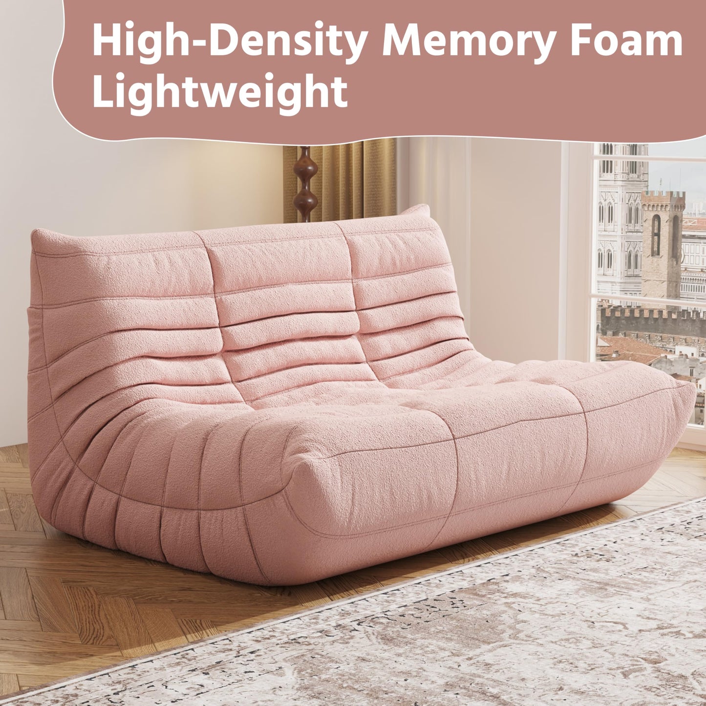 Comfy Memory Foam Loveseat Bean Bag Chair for Adults - Teddy Fleece Fireside Accent Chair for Reading, Lazy Floor Sofa Couch Boneless Chaise Lounge for Living Room Bedroom Home Theater, 2 Seater