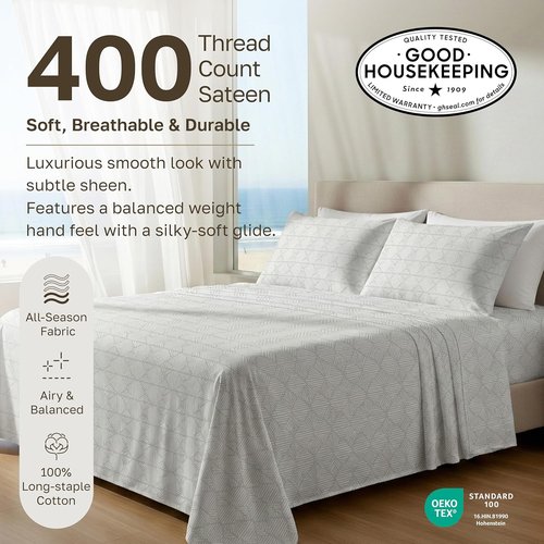 California Design Den Cal King Sheet Set - 100% Cotton, 400 TC, Award-Winning Sateen Finish, Deep Pockets | Crosshatch Taupish - Sage