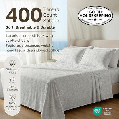 California Design Den Cal King Sheet Set - 100% Cotton, 400 TC, Award-Winning Sateen Finish, Deep Pockets | Crosshatch Taupish - Sage