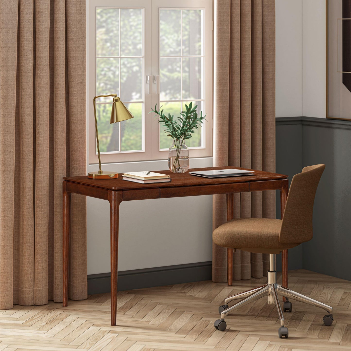 NTC Mingle Modern Wooden Rectangle Desk Table with Hidden Drawer – Waterproof & Heat Resistant, Dark Walnut
