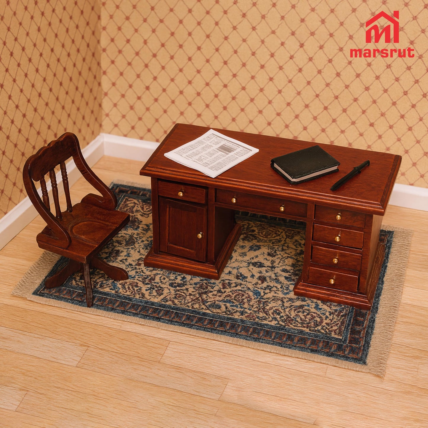 1/12 Scale Wooden Dollhouse Desk and Chair Set, Miniature Office Furniture, Computer Table Accessory, Retro Writing Simulation Doll House Accessories for Photo Props Scene