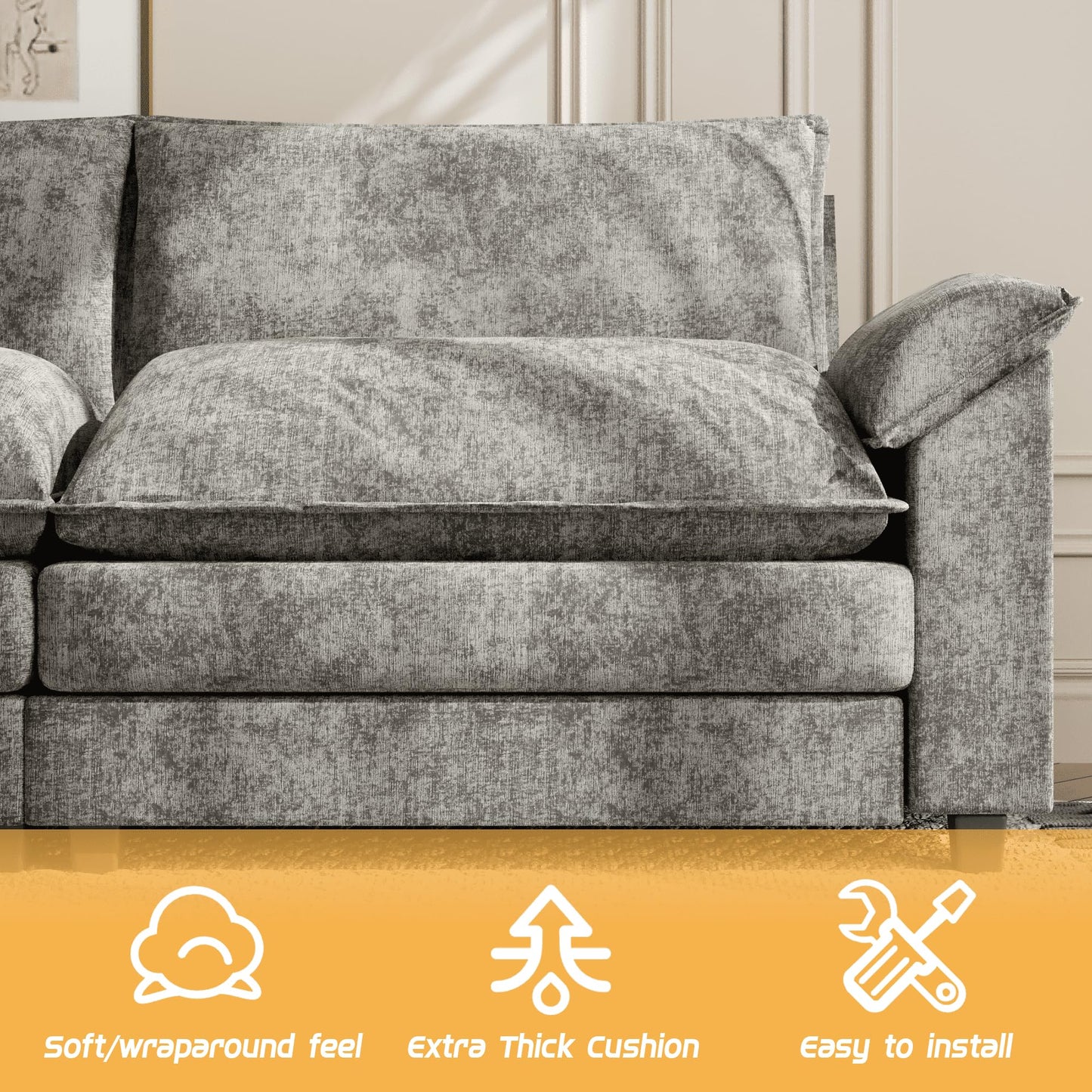 Shahoo Couches for Living Room, Sectional Modular Sofa U Shaped Chenille Fabric Couch with High Supportive & Soft Sponges and Removable Ottoman, Sleeper Comfy Upholstered Couch, Grey