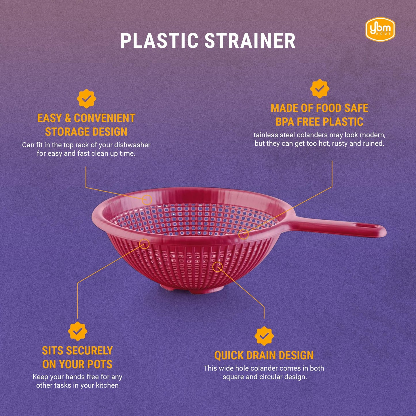 YBM HOME 8.5 Inch Deep Plastic Strainer Colander with Long Handle – Made of Food Safe BPA-Free Plastic - Durable and Dishwasher Safe - Use for Pasta, Noodles, Spaghetti, Vegetables and More (1, Gray)