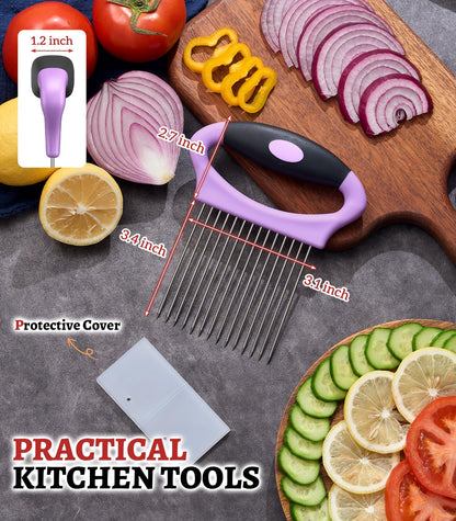 Large Onion Holder for Slicing, Stainless Steel Onion Slicer Holder with Protect Cover, Onion Cutter Vegetable Chopper for Slicing of Tomato Avocados, Cool Kitchen Gadgets