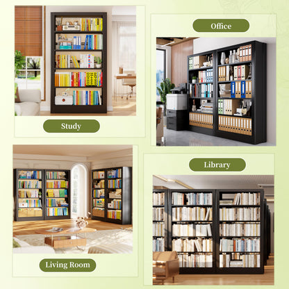 OpolQif Bookshelf, 71" H Tall Black Bookcase, 5-Tier Bookcase Metal Sturdy Bookshelf with Adjustable Shelves,Heavy Duty Book Cases for Living Room, Library, School, Study, Home Office(Black, 73" W)