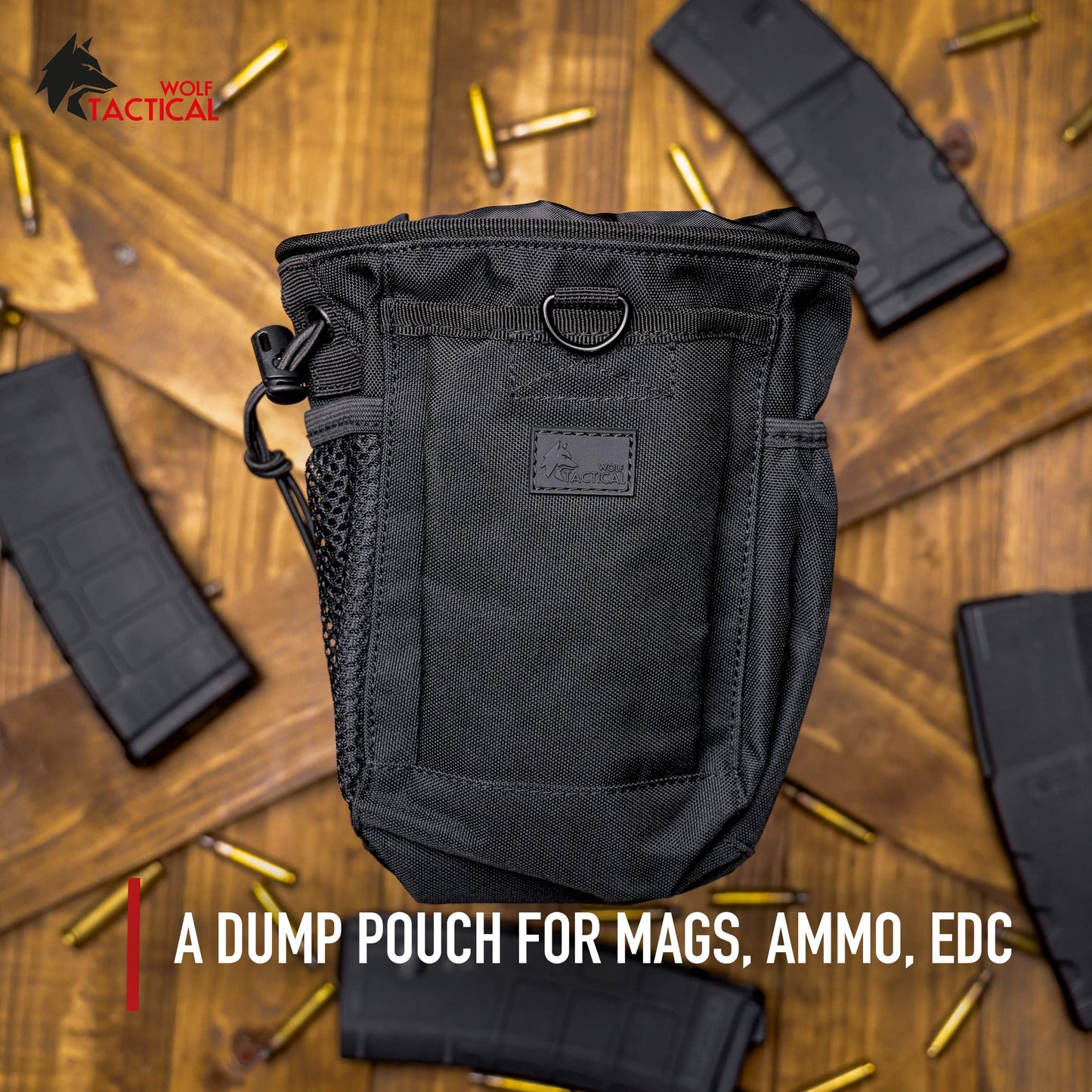 WOLF TACTICAL Drawstring MOLLE Dump Pouch - EDC Drop Bag for Ammo, Magazines, Range Shooting, Hunting, Outdoor Sports (Black Camo)
