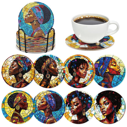INCOK Black Woman Diamond Painting Coasters - 8 PCS DIY Colorful Glass Diamond Art Coasters Kits for Drinks Coffee Art Craft Supplies Birthday Holiday for African American Adult Beginners