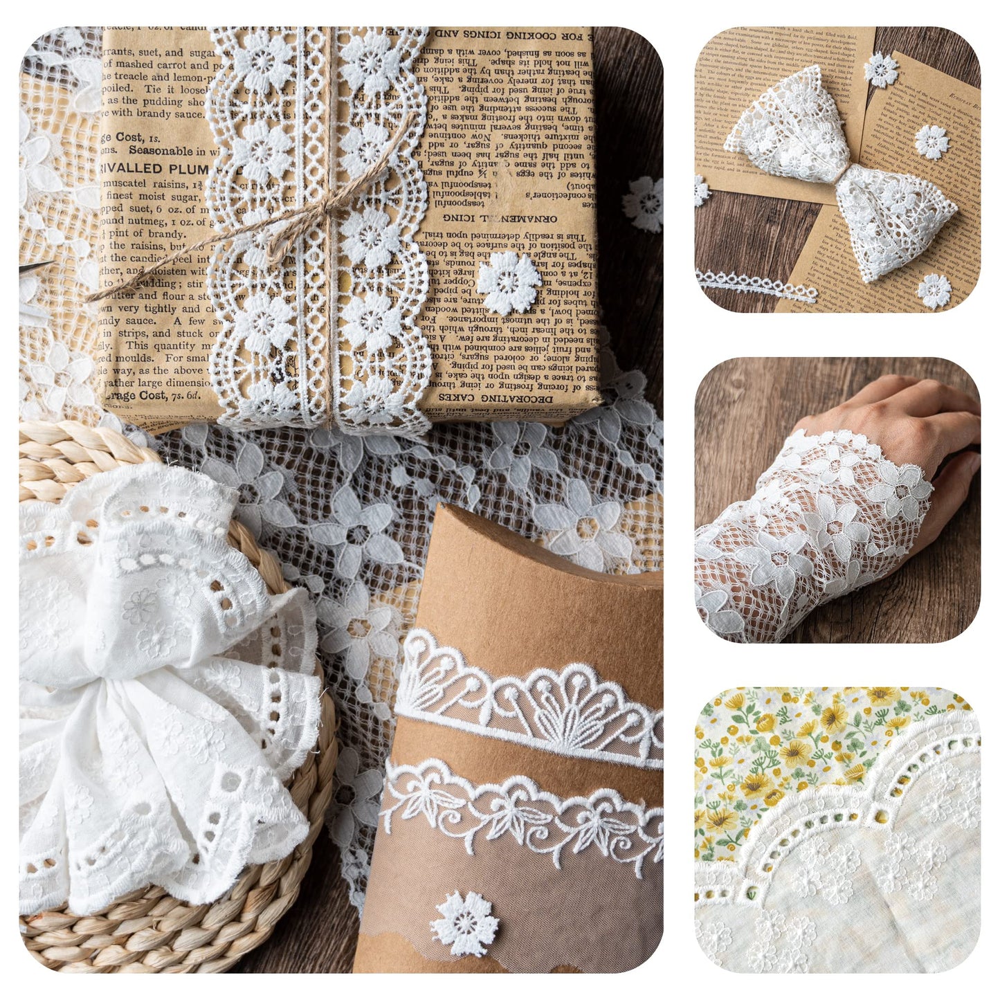 5 Packs Embroidery Lace Trim Premium White Sewing Lace Ribbon Scalloped Cotton Lace Decorative Crochet Trimming 2 Yards x 5 Designs for DIY Sewing Crafting Wrapping Wedding Scrapbooking (Baby)