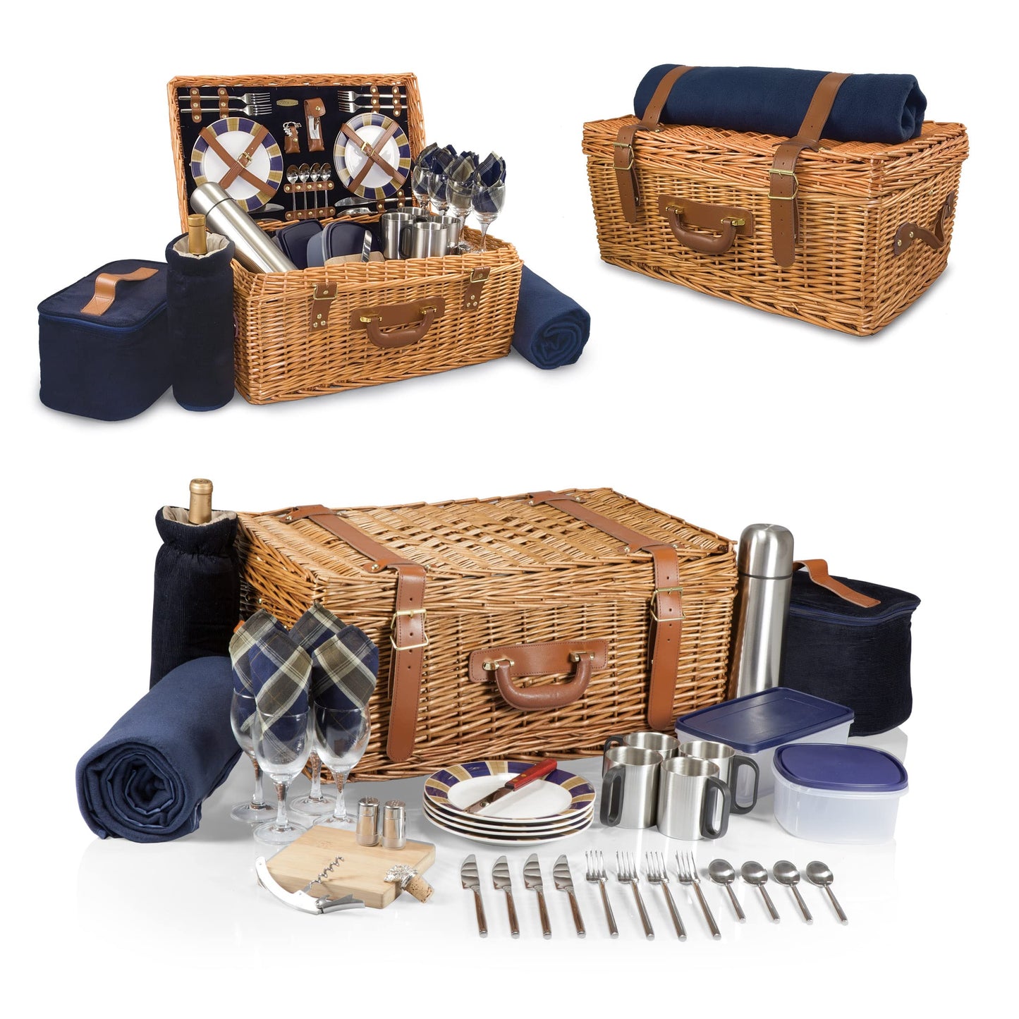 PICNIC TIME - Windsor Luxury Picnic Basket for 4 - Large Wicker Picnic Basket - Deluxe Picnic Set 4, (Navy Blue)