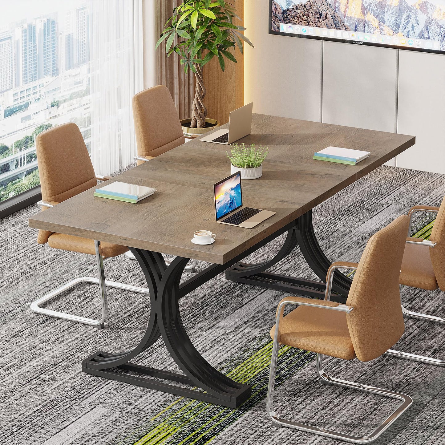 Tribesigns 10.5FT Conference Table, Modern Meeting Table for 8-10 People, Rectangle Seminar Boardroom Table for Office Conference Room with Stylish Legs (2, Grey + Black)