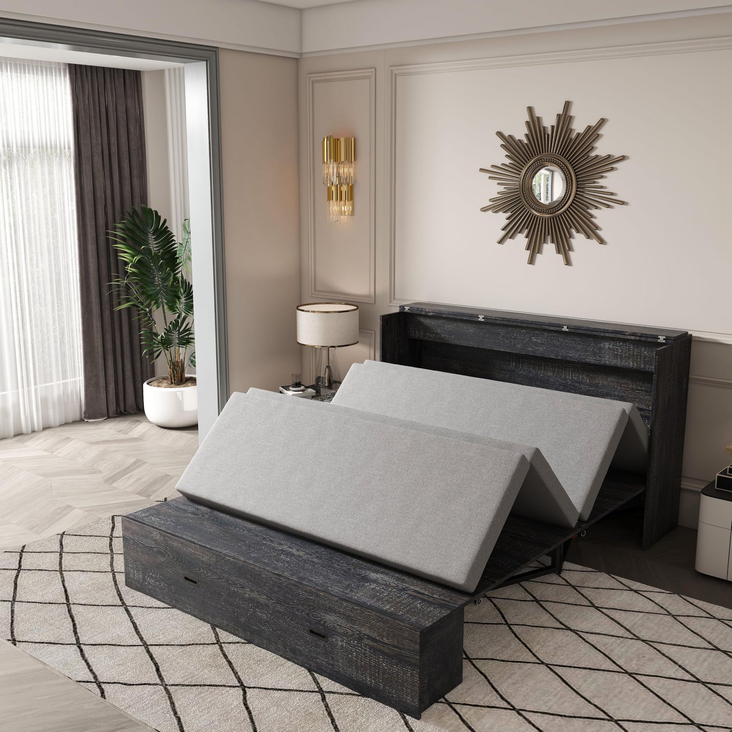 Bellemave Full Murphy Bed with Mattresses and Charging Stations and Storage Drawer, Farmhouse Murphy Cabinet Bed with Foldable Panel, Noisy Free, for Guest Bedroom, Living Room, Carbon Black