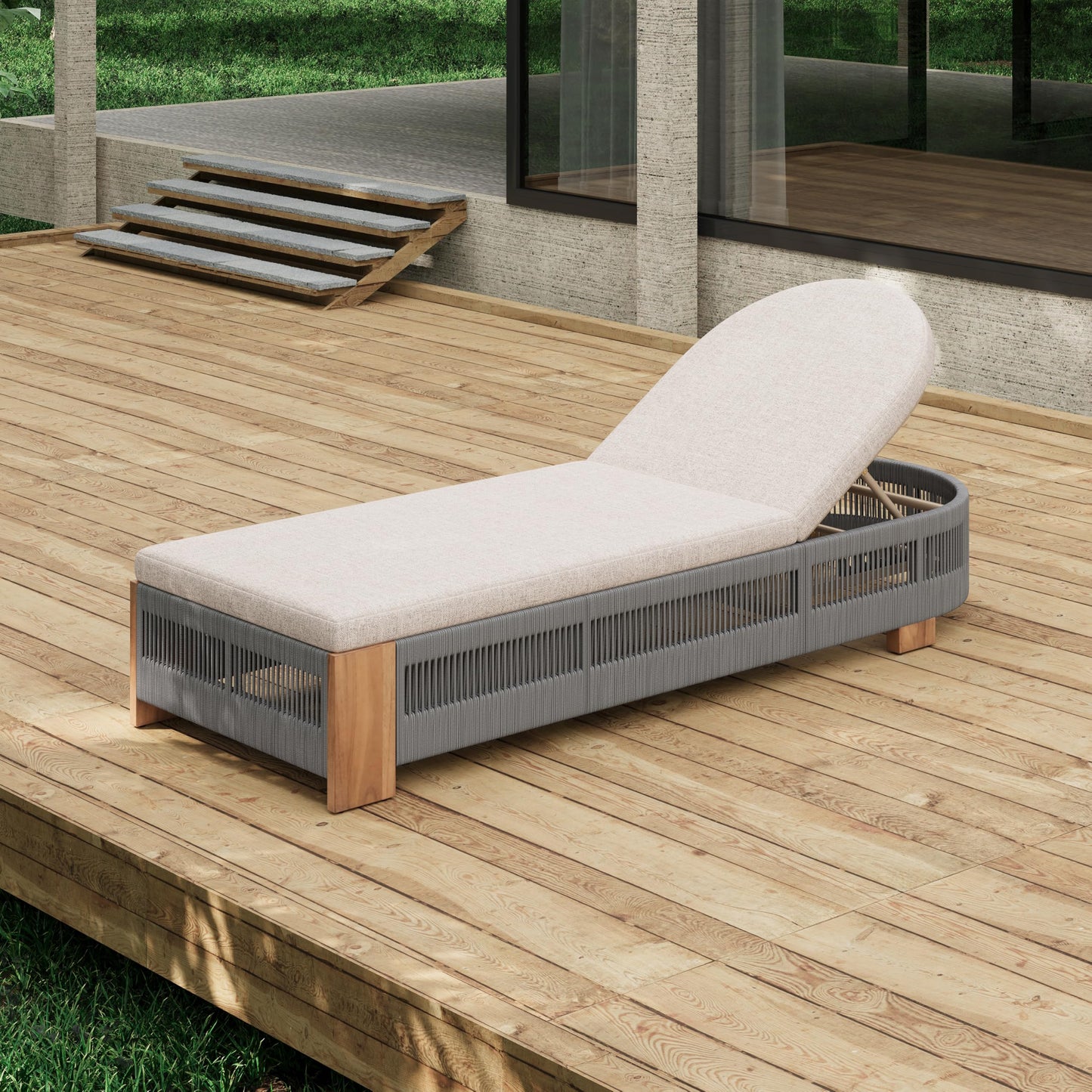 Christopher Knight Home Daskz Outdoor Chaise Lounge Chair, Patio Outdoor Acacia Wood Chaise Lounge, Adjustable Backrest Single Lounge Sofa, Poolside Beach Yard Seating, Rope Design, 79.5'', Teak+Gray