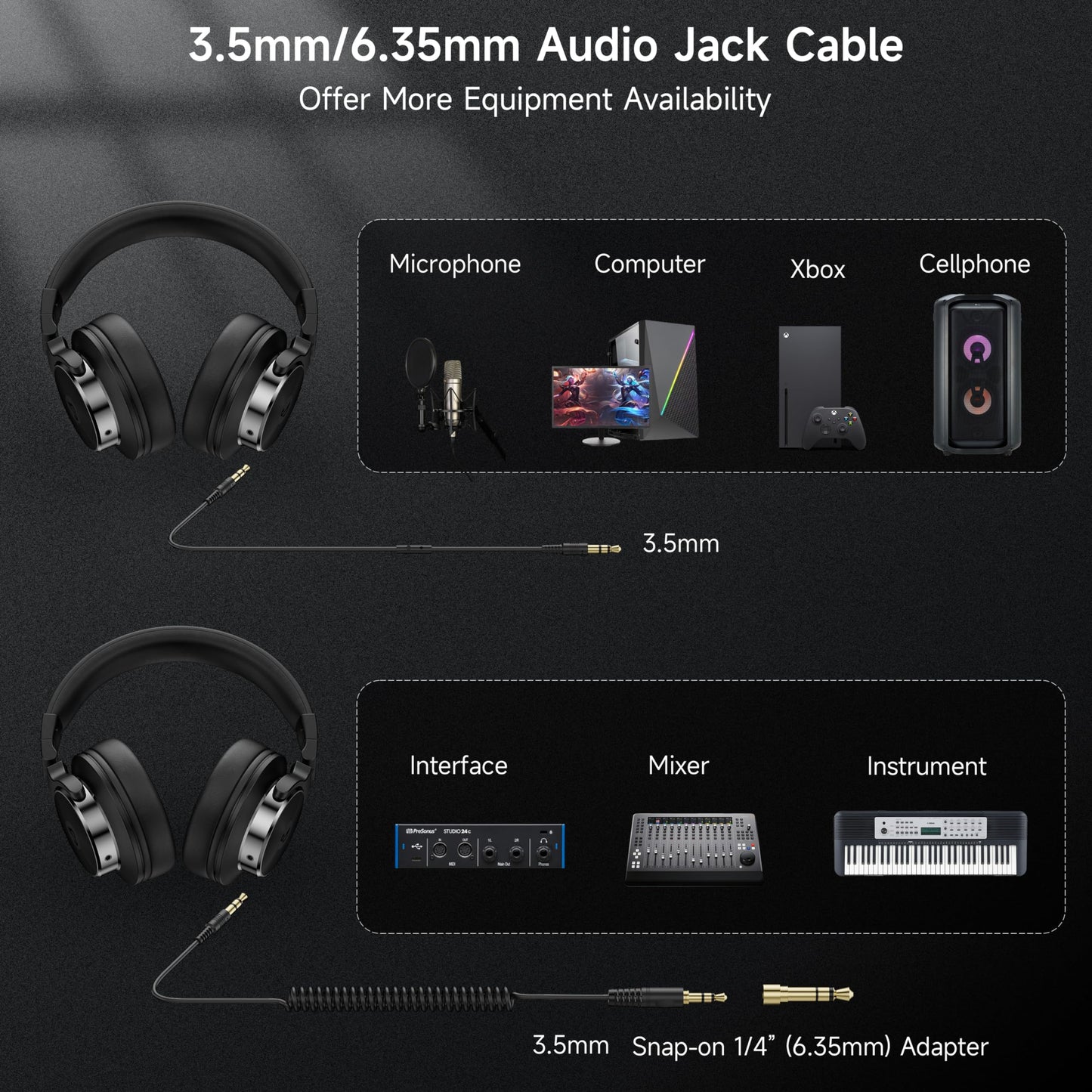 Rumoon Wired Headphones Over Ear, Studio Monitor & Mixing DJ Headphones with 50mm Neodymium Drivers and 1/4 to 3.5mm Jack for Guitar AMP Podcast Piano Keyboard (Black)