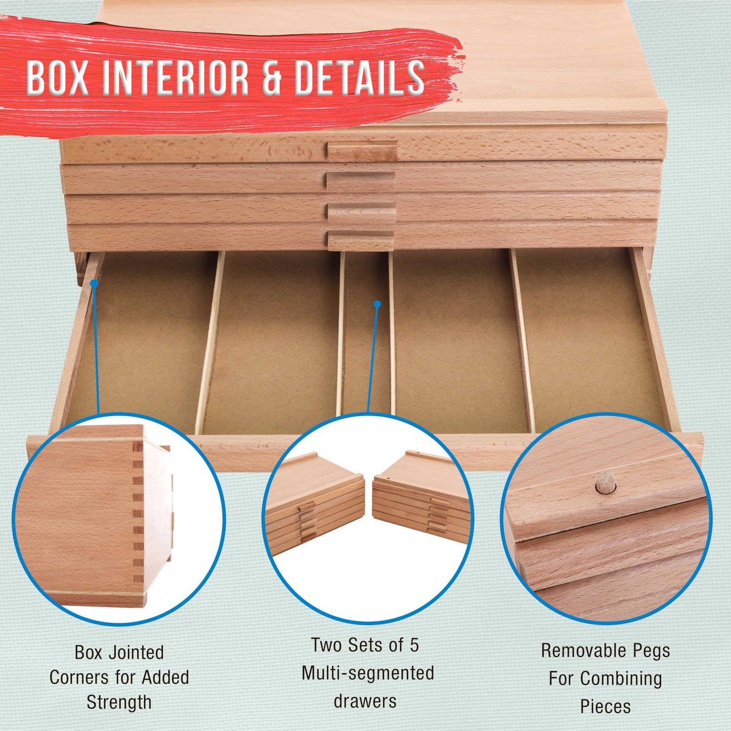 U.S. Art Supply 10-Drawer Artist Tool Supply Box with 5 Compartments per Drawer - Hardwood Art Box for Artist Supplies, Brushes, Pencils, Erasers, Tool Storage Organizer Case