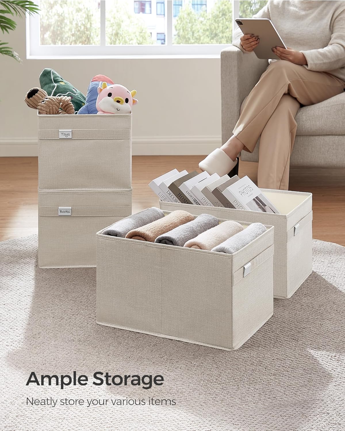 SONGMICS Storage Baskets, Set of 2 Extra Large 30L Fabric Storage Bins, 15.7 x 11.8 x 9.8 Inches, Cloud White