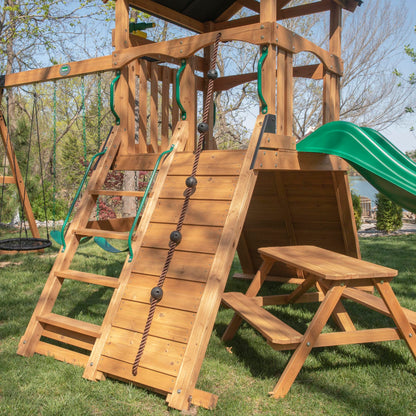 Backyard Discovery Endeavor II Cedar Wood Swing Set with Wave Slide, Play Deck, Double Rock Wall, Picnic Table, Climbing Wall, Belt Swings, Web Swing, Toy Telescope, Step Ladder, Outdoor Playset