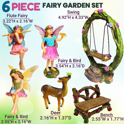 Mood Lab Fairy Garden Figurines with Swing - Miniature Decor Set (6 pcs) - Statues & Accessories - Outdoor & Indoor Garden Decor