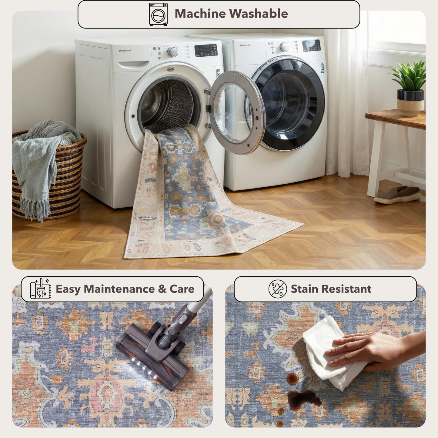 Kuden 10x14 Large Area Rug, Machine Washable Area Rug with Non-Slip Backing, Vintage Style, Soft, Easy Clean, Low Pile Rug for Living Room, Bedroom, Dining Room