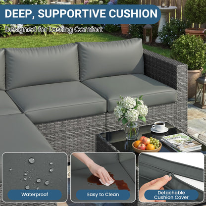 Wisteria Lane 5-Pieces Outdoor Patio Furniture Set, All Weather Wicker Rattan Sectional Sofa, Patio Conversation Set with Cushions & Glass Coffee Table for Backyard Porch Garden Balcony, Grey