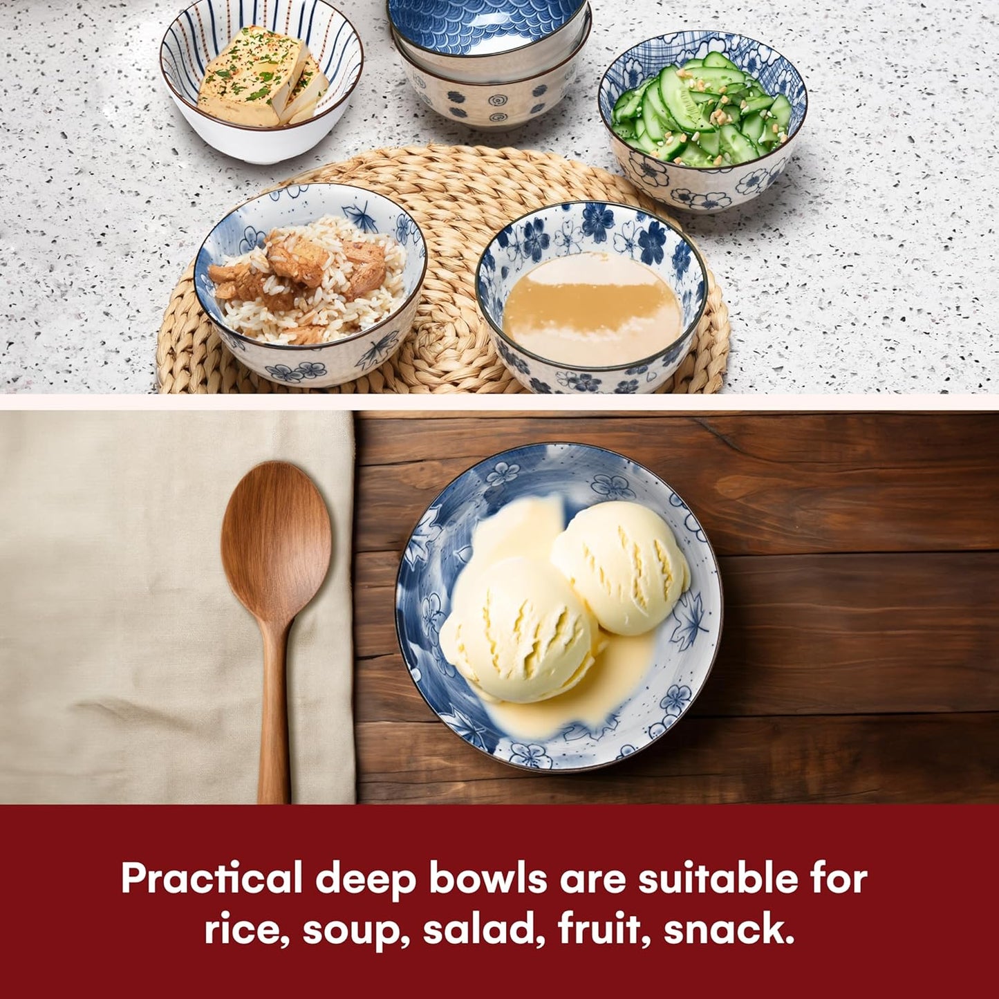 Japanese Rice Bowls Set of 6, Vintage Blue White Porcelain Cereal Bowls, Stackable, Microwaveable & Oven Safe