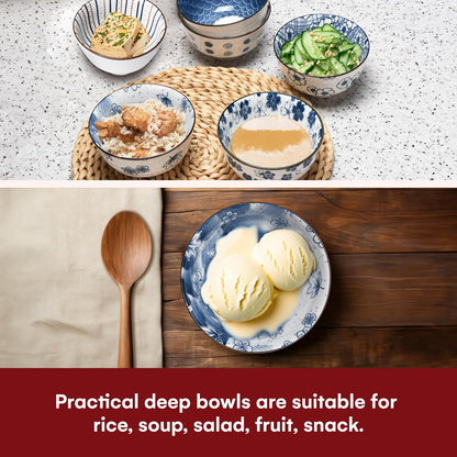 Japanese Rice Bowls Set of 6, Vintage Blue White Porcelain Cereal Bowls, Stackable, Microwaveable & Oven Safe