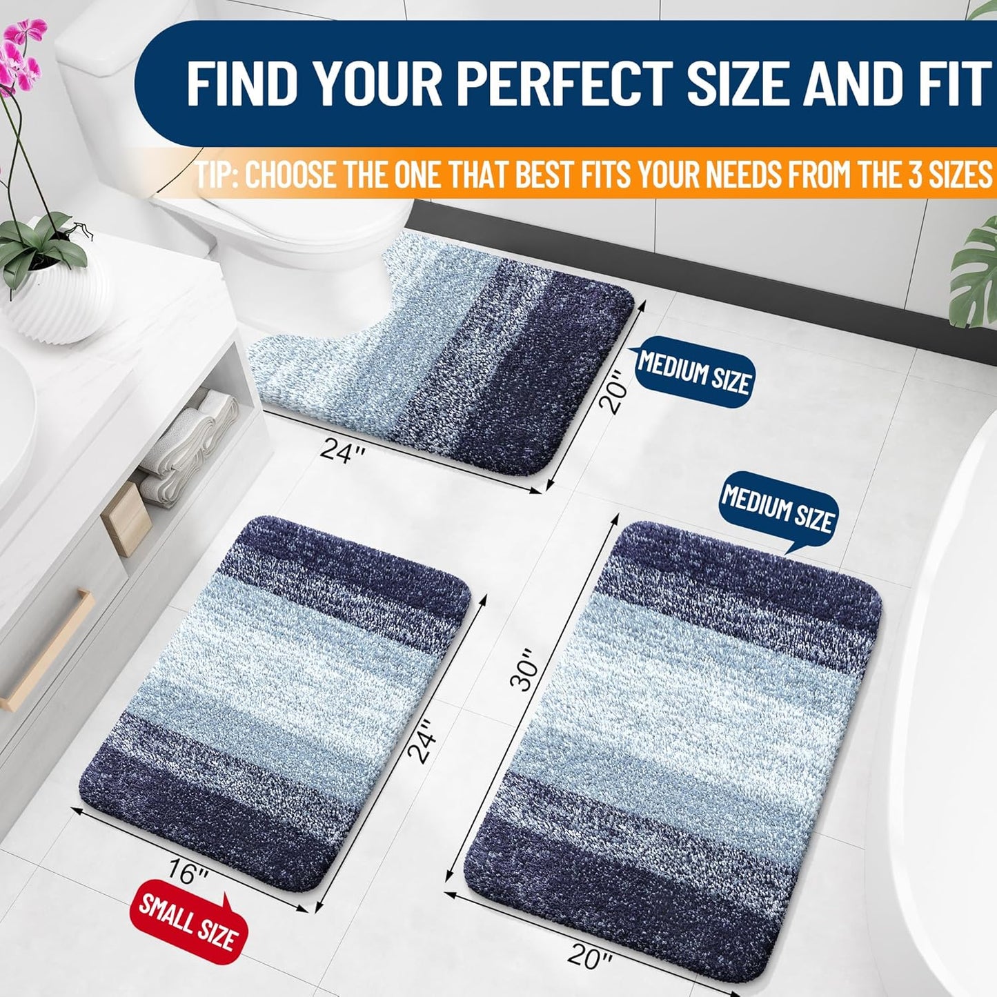 OLANLY Large Bath Rugs - Extra Soft Microfiber with Rubber Backing | Quick Dry, Washable, Airy Blue 54x24