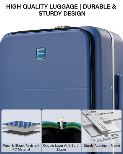 Hanke 28 Inch Top Opening Hard Shell Checked Luggage, PC Aluminum Frame Large Trunk Luggage with Cup Holder & USB Ports, TSA Lock, 8 Silent Spinner Wheels, Removable Divider, Interstellar Blue