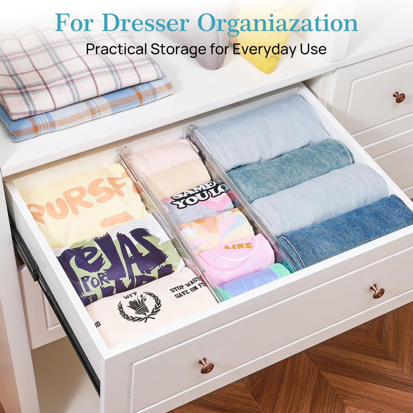 Vtopmart 8 Pack 4" Regular Upgrade Drawer Dividers for Clothes, 12.8"-22.3" Expandable Dresser Drawer Organizer, Clear Plastic Separators for Dresser, Baby Clothing, Underwear, Cosmetic, Toiletries