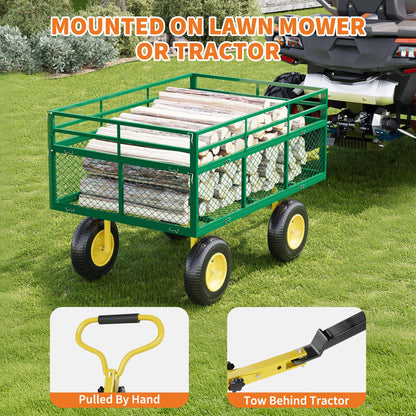 3-in-1 Heavy-Duty Steel Garden Cart, 1400 Lbs Garden Wagon, with 13 Inch All-Terrain Tires and Removable Mesh Side Panels, 180° Rotating Handle, Metal Utility Yard Trailer, Outdoor Gardens Wagon Cart