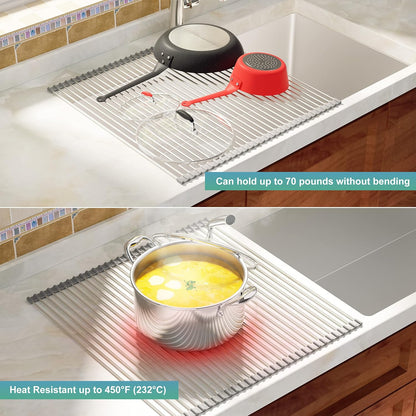 Roll Up Dish Drying Rack, Over the Sink Kitchen Dish Drainer, Foldable Sink Rack Mat, 304 Stainless Steel