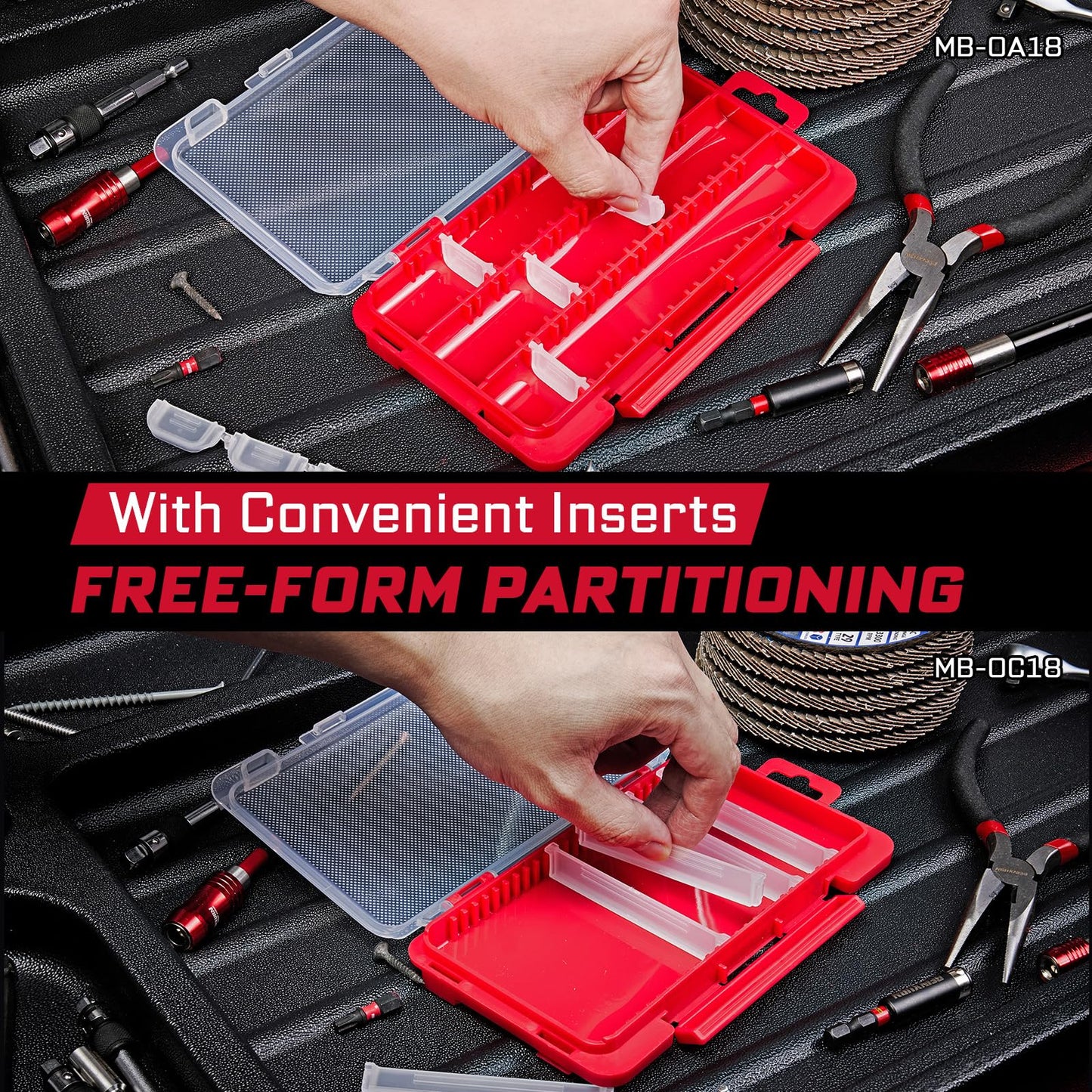 Geinxurn Small Flat Storage Parts Organizer, 4Pcs Red Portable Transparent Plastic Small Parts Tools Box with Removable Dividers, Screwdriver Bit Cases Storage(4 Pieces)