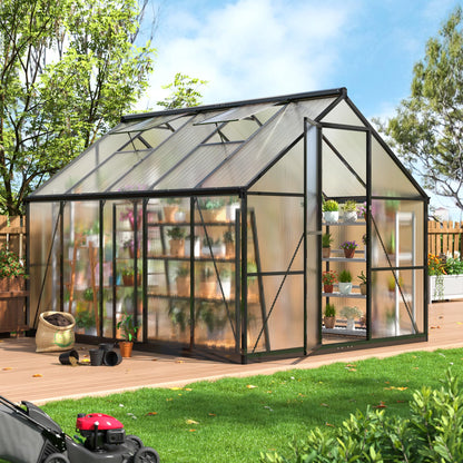 AirWire 8x10 FT Greenhouse for Outdoors, Quick Setup Polycarbonate Green House with Roof Vent, Aluminum Large Walk-in Greenhouse for Outside Garden Backyard, Black