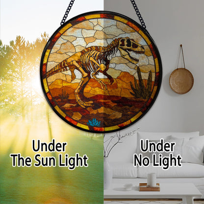 Hiuwevt Dinosaur Skeleton Suncatcher Stained Glass Window Hanging, Prehistoric Dino Fossil Sun Catchers Indoor Window Glass Wall Art Decor, Dinosaur Round Wall Hanging Decorations, 7.9x7.9 inch