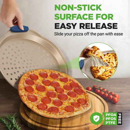 NutriChef 3-Piece Pizza Tray Set with Silicone Handles - Round Nonstick Pizza Pan with Perforated Holes, Durable Carbon Steel, Small, Medium, Large Sizes - Ideal for Crispy, Evenly Baked Pizzas (Gold)