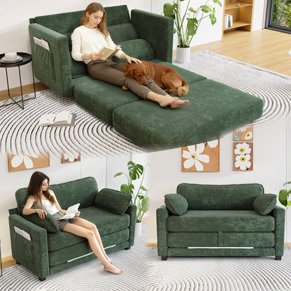 Eafurn 3 Fold Corduroy Sleeper Sofa Couch Bed - Foldable Convertible Futon Loveseat with Pull Out Sofabed and Side Pockets for Living Room Apartment