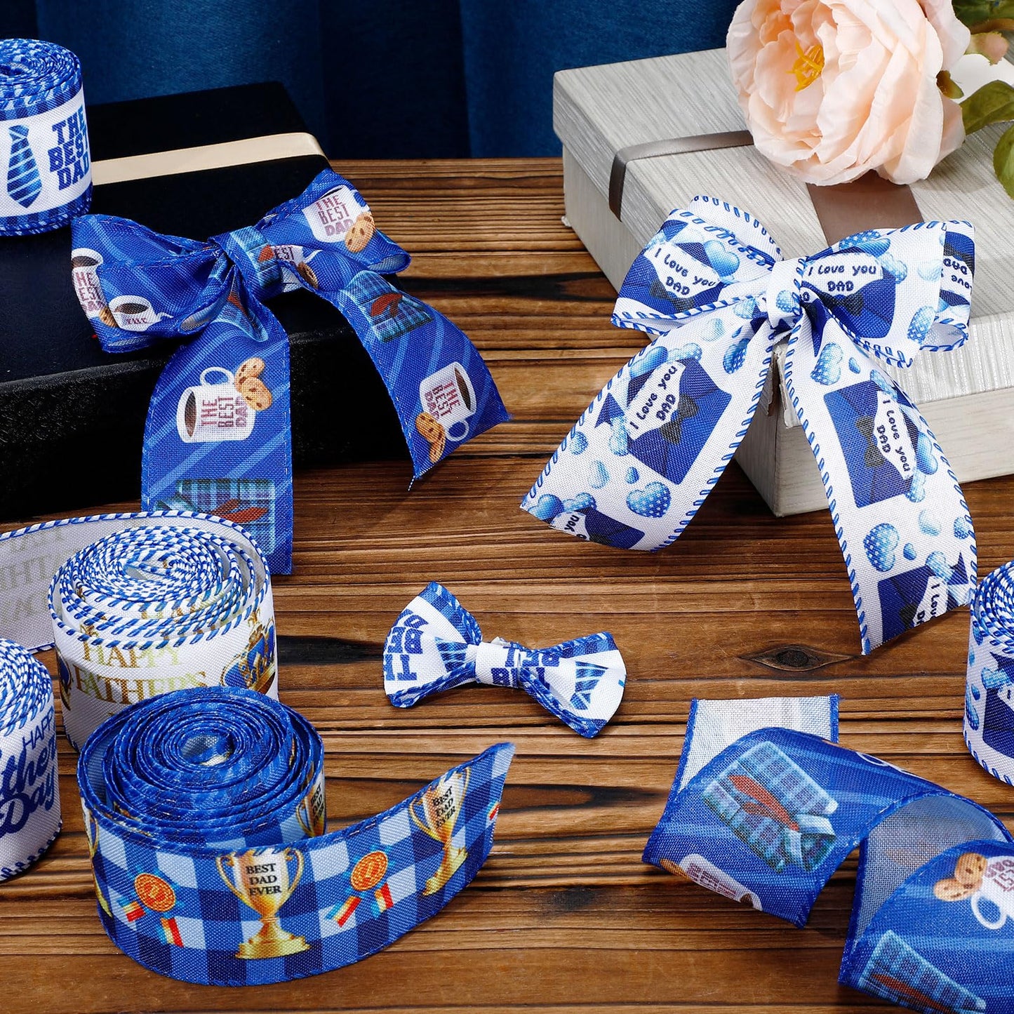 Yuxung 6 Rolls 30 Yards Father's Day Blue Gift Craft Ribbon for Happy Father's Day Party Decorative Ribbon Gift Wrap Ribbon for Wrapping Gifts Making Bow Box Table Decor