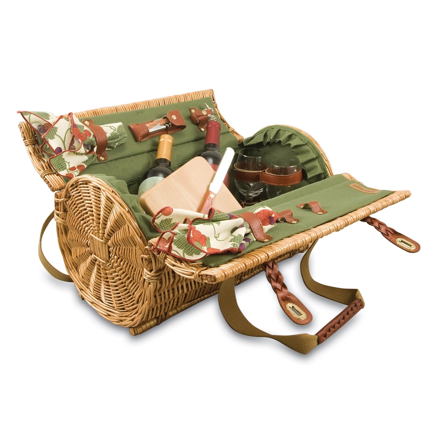 PICNIC TIME Verona Wine & Cheese Picnic Basket, Romantic English-Style Rounded Wooden Wicker Basket with Deluxe Service for 2, Fully-lined Interior and Handwoven, (Pine Green)