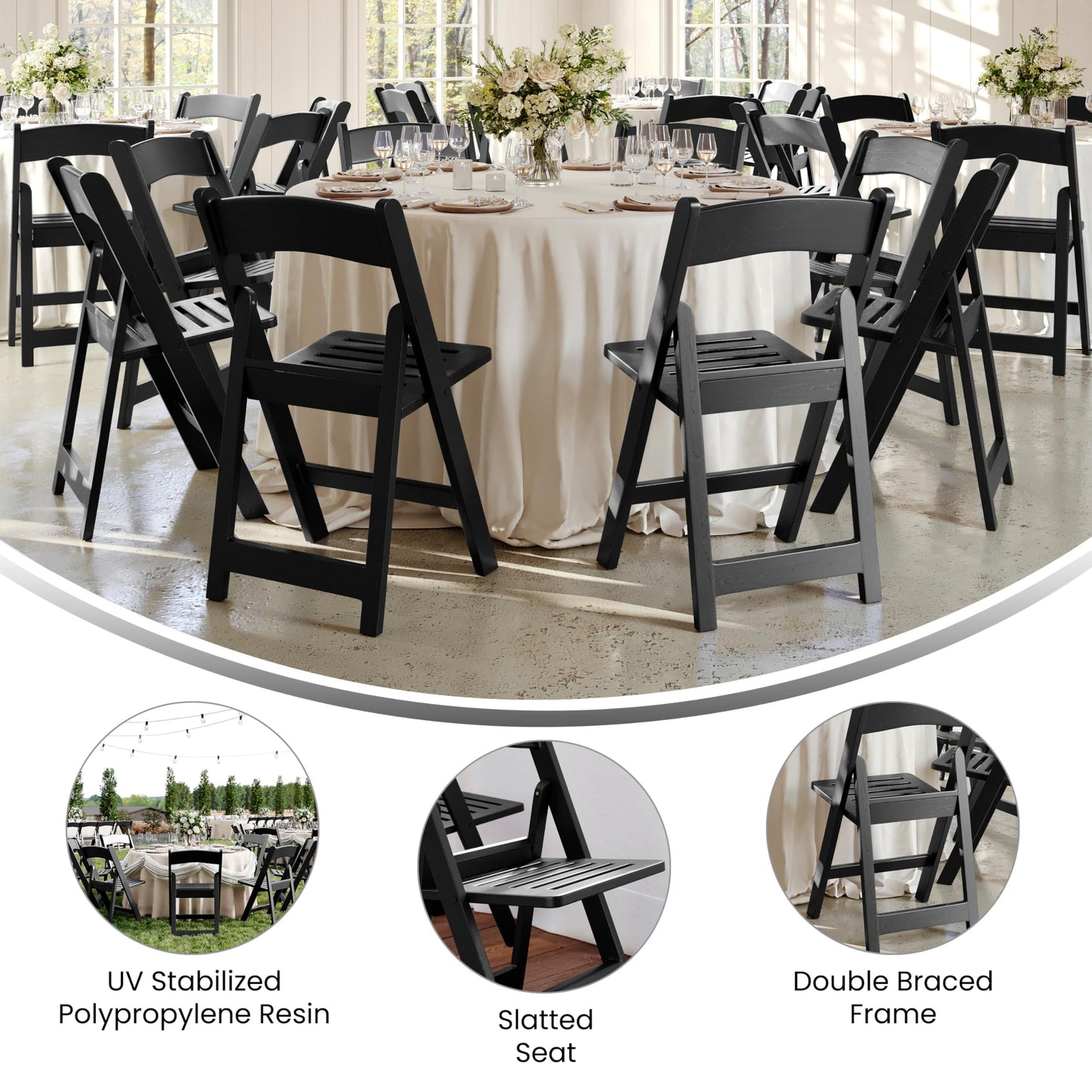 Flash Furniture Hercules Commercial Indoor/Outdoor Folding Event Chair, Wood Look, Weather-Resistant, Lightweight Design, Versatile Use, Set of 4, Black