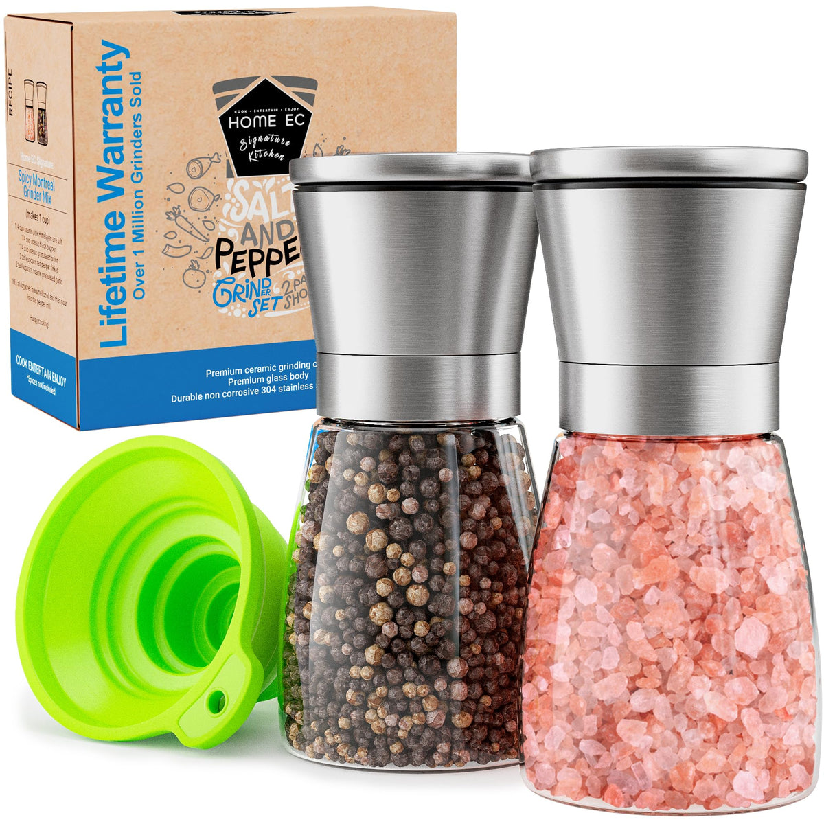 Home EC Original Stainless Steel Sea Salt and Pepper Grinder Set of 2 - Adjustable Ceramic - Glass Salt and Pepper Shakers - Kitchen Pepper Mill & Salt Mill W/Funnel & EBook