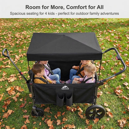 MAIZOA 4 Seater Foldable Wagon Stroller & Cargo,with 5-Point Harnesses,Adjustable Push/Pull Handle, Removable Sun Canopy, One-Step Locking Design, Suitable for Family Travel, 4 Children Ride, Gift