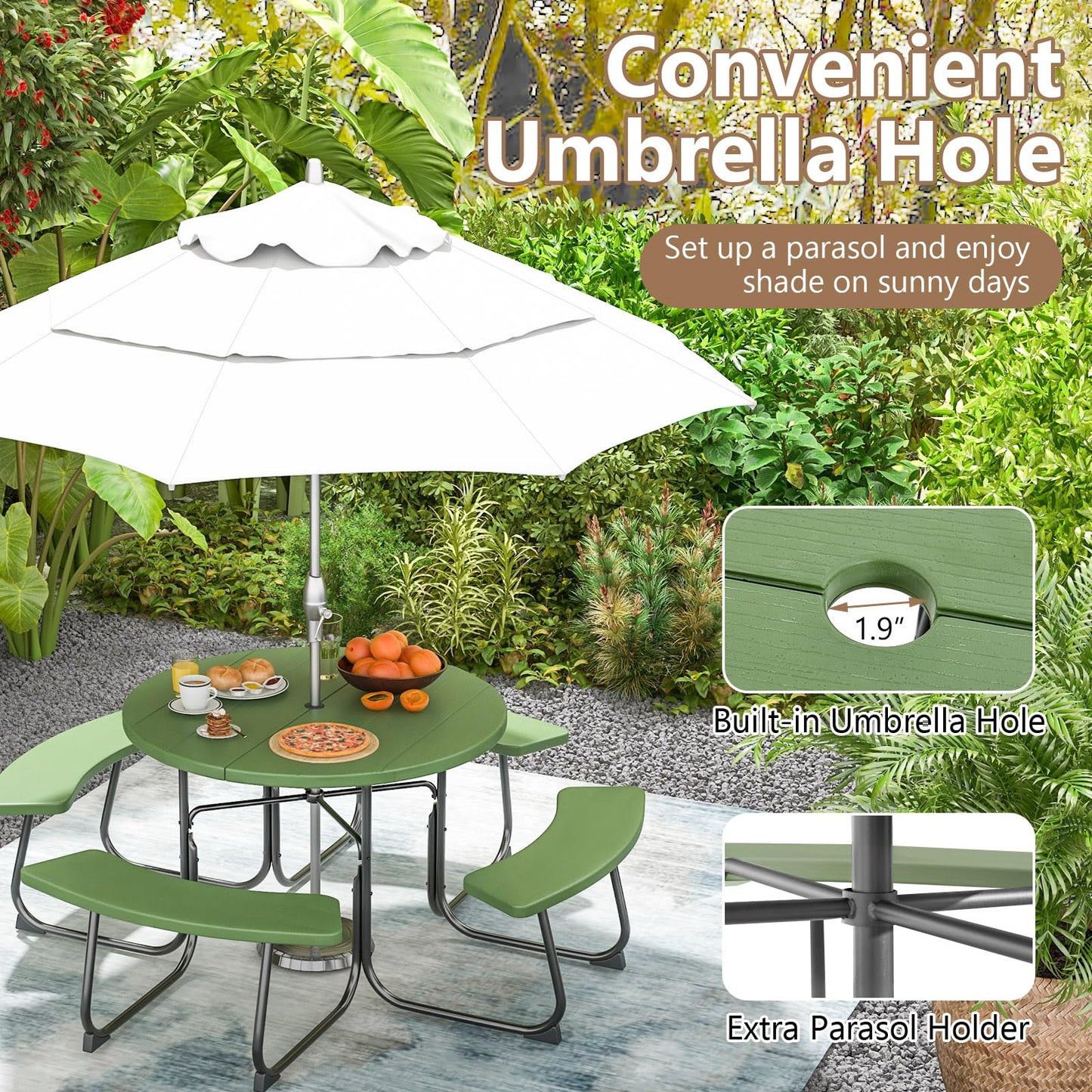 HAPPYGRILL 8-Person Picnic Table Bench Set with Umbrella Hole, 43” Outdoor Dining Table w/4 Benches, Wood-Like Texture Tabletop, Stable U-Shaped Base, Round Table for Backyards, Green