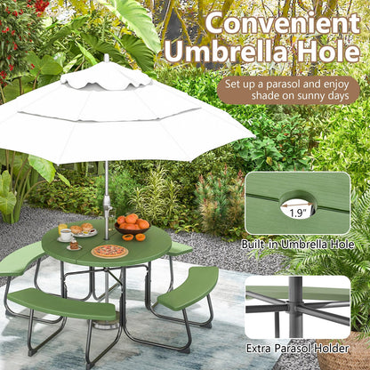 HAPPYGRILL 8-Person Picnic Table Bench Set with Umbrella Hole, 43” Outdoor Dining Table w/4 Benches, Wood-Like Texture Tabletop, Stable U-Shaped Base, Round Table for Backyards, Green