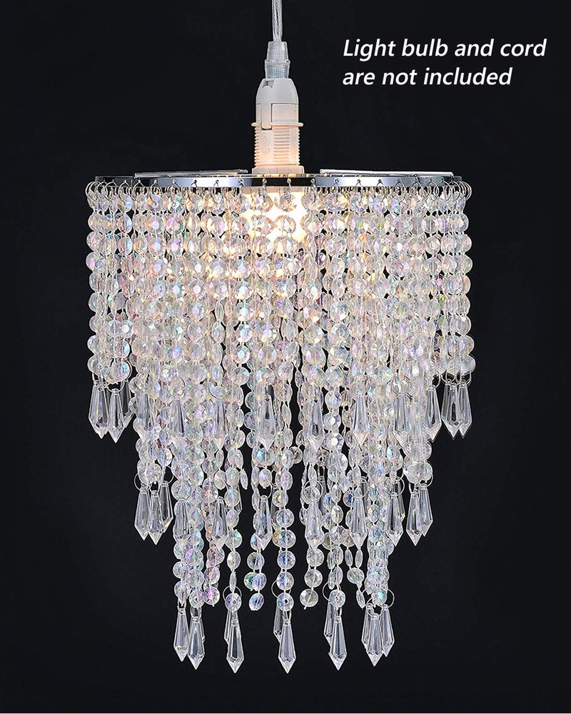 Waneway 3 Tiers Ceiling Chandelier Pendant Light Shade with Acrylic Jewel Droplets, Beaded Lampshade with Chrome Frame and Clear Beads, Diameter 8.7 inches, Clear