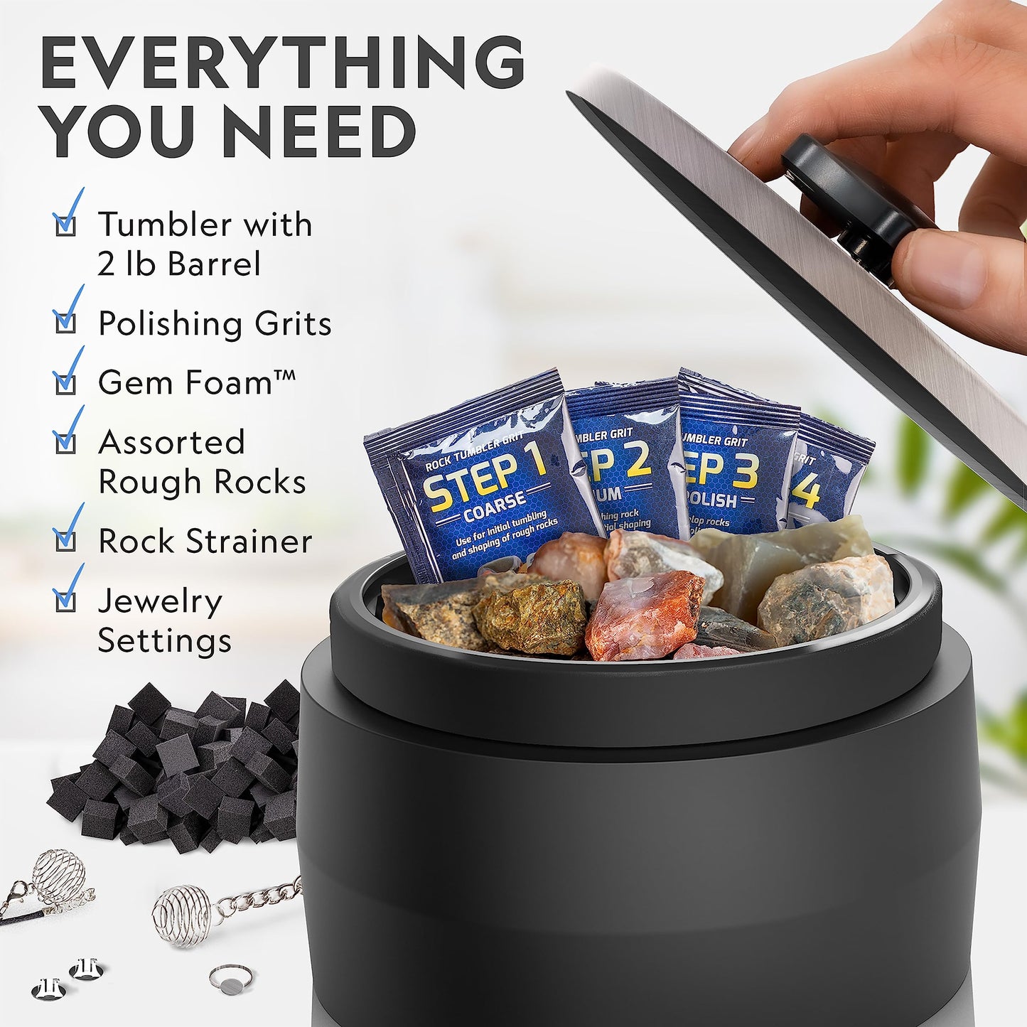 National Geographic Platinum Series Ultra Quiet Rock Polisher Kit - Patent-Pending for Kids & Adults, 2 lb. Barrel, Rocks, Grit, GemFoam, Rock Tumblers