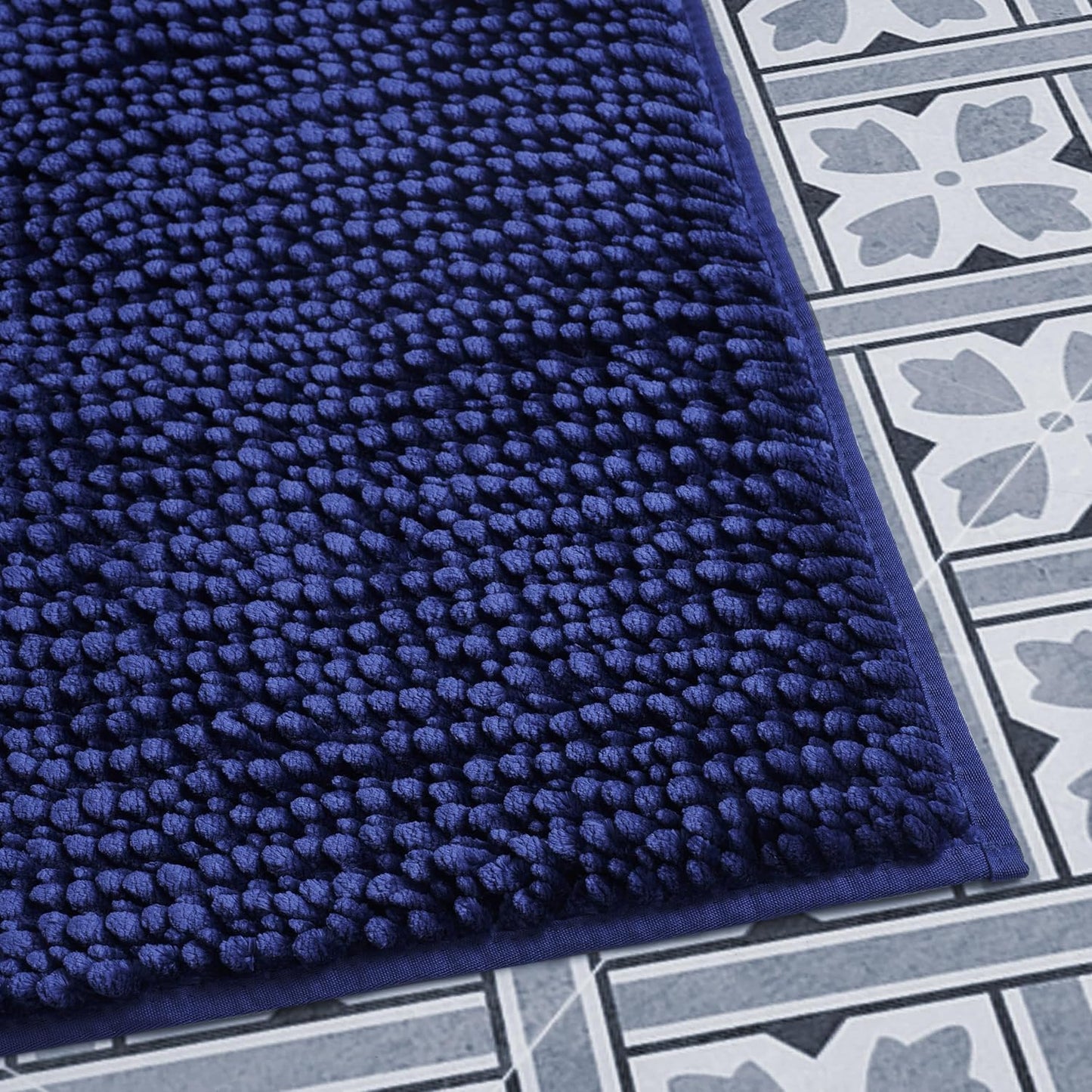 Laura Ashley Butter Chenille Bath Rug, Absorbent Shaggy Non-Slip Bathroom Mat - 2 Piece Navy