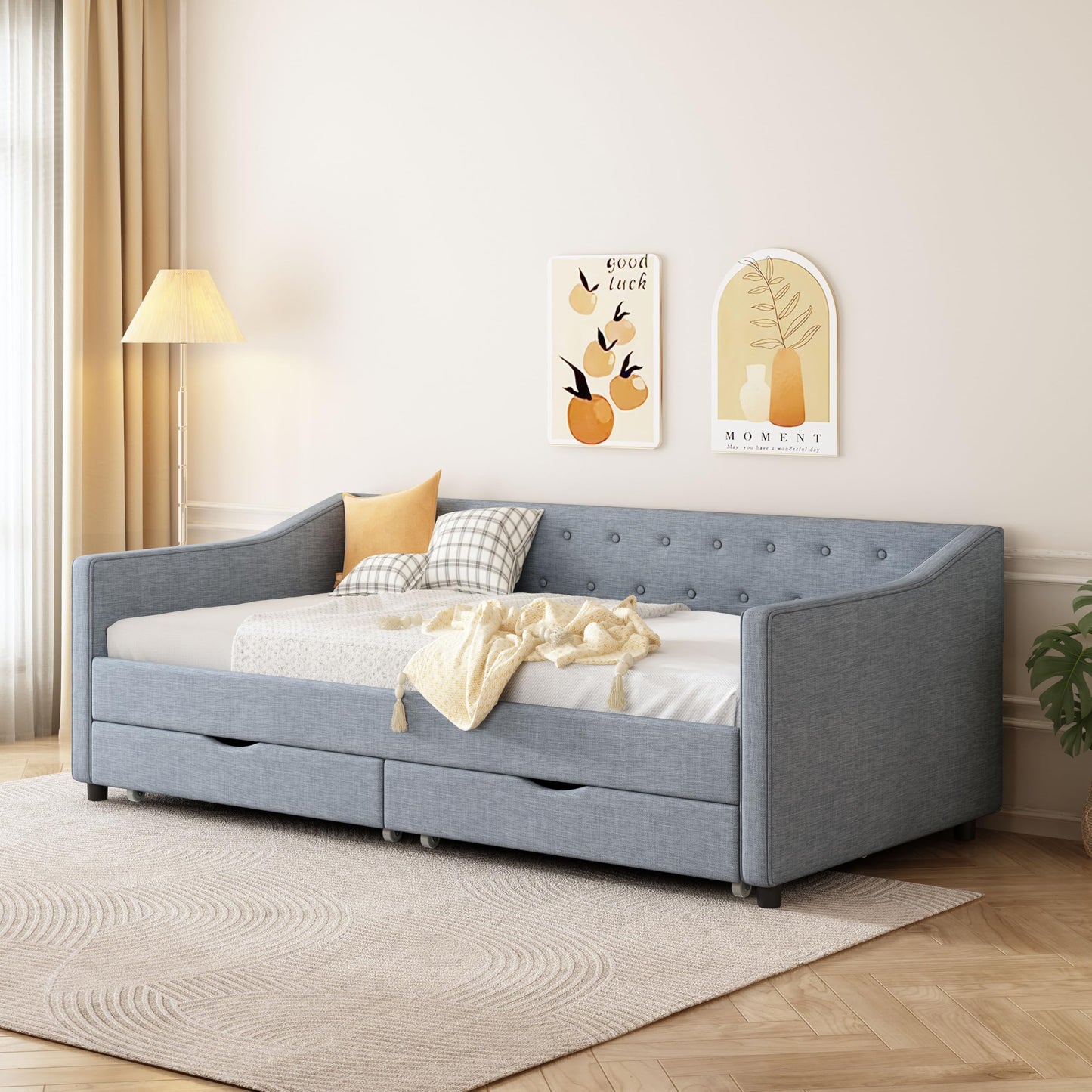 Ball & Cast Twin Size Daybed with Two Drawers and Linen Upholstered,Wood Bed Frame w/Button Tufted Back and Waved Shape Arms,Slats Support,for Apartment,Bedroom,Light Grey
