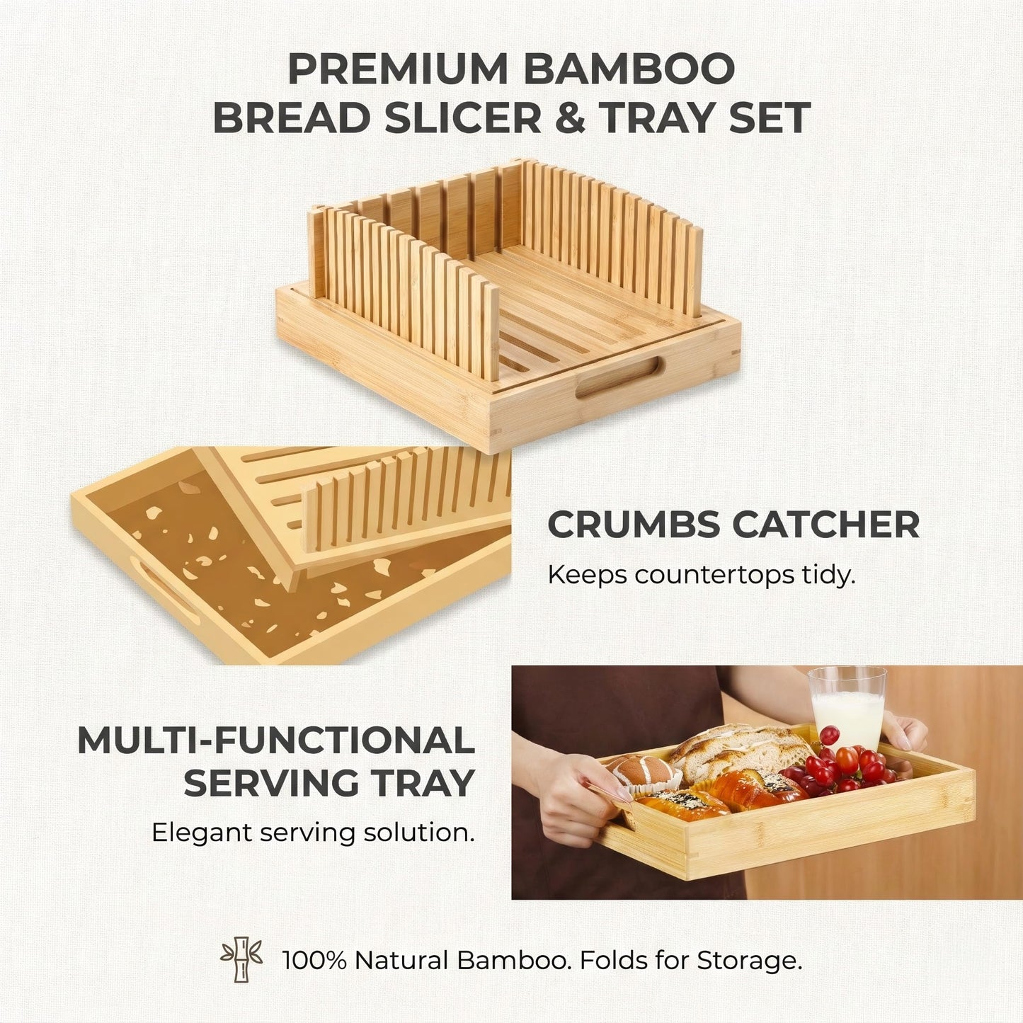 10.5" Bamboo Bread Slicer for Homemade Bread - Sourdough Slicing Guide with Crumb Catcher & Stable Mortise-Tenon Structure