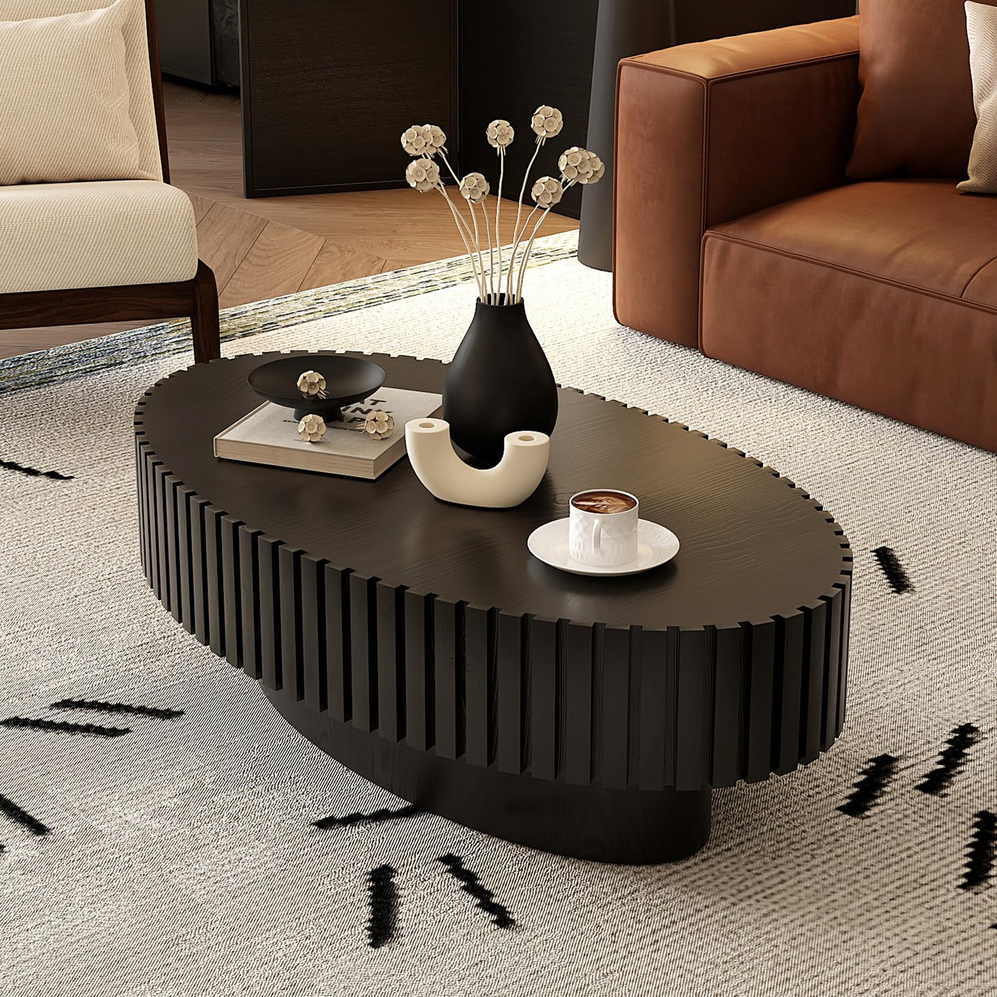 KEIKI 43.31'' Oval Coffee Table, Handcrafted Relief Sturdy Pedestal, Wooden Olive-Shaped Tea Table, Modern MDF & Solid Wood, Open Storage, Easy Assembly for Living Room, Black